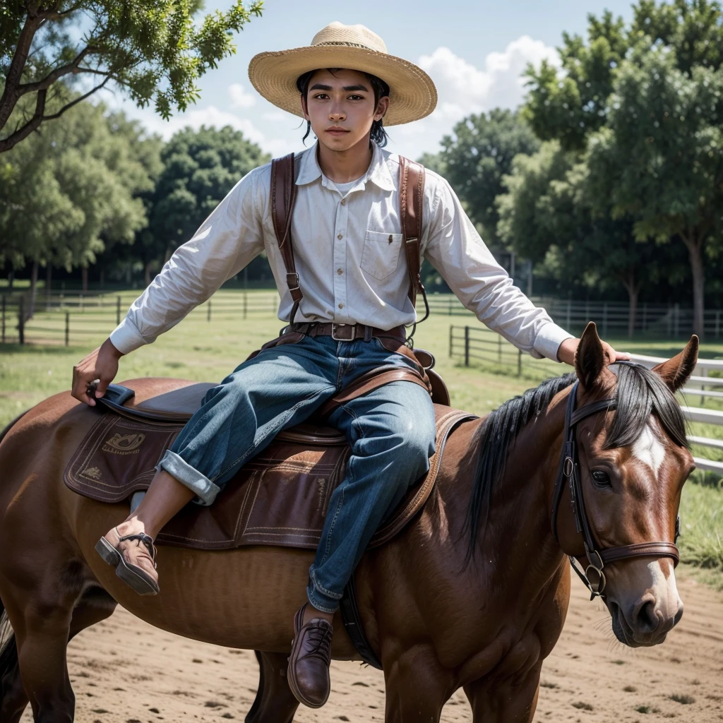 poor mexican ranch young man with hat, riding a horse working with many dreams and goals