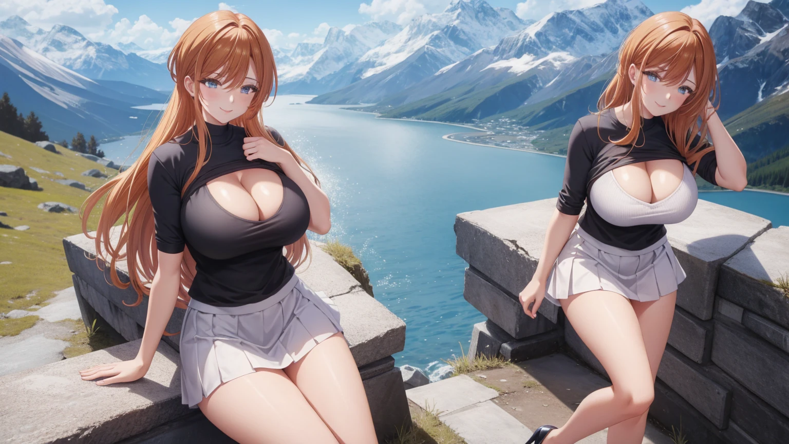 1 girl, very big breasts, very sexy body, 1 girl in, a smile, looks at the viewer, black shirt, super short white school miniskirt, full body, giant breasts, cleavage, giant breasts, heels, background in the mountains 1 girl , with big breasts. long legs QUEEN huge tits, (cleavage), high legs, (standing), sexy and muscular body. short skirt.4k hd