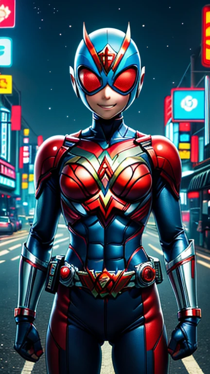 (8k),(masterpiece),(Japanese),(***************),((innocent look)),((Childish)),From the front,smile,cute,Innocent,Kind eyes,Flat chest, red helmet,blue domino mask, Wonder Woman, bald,no Hair,Strong wind,night,dark, Neon light cyberpunk city,Kamen_Rider,camisa