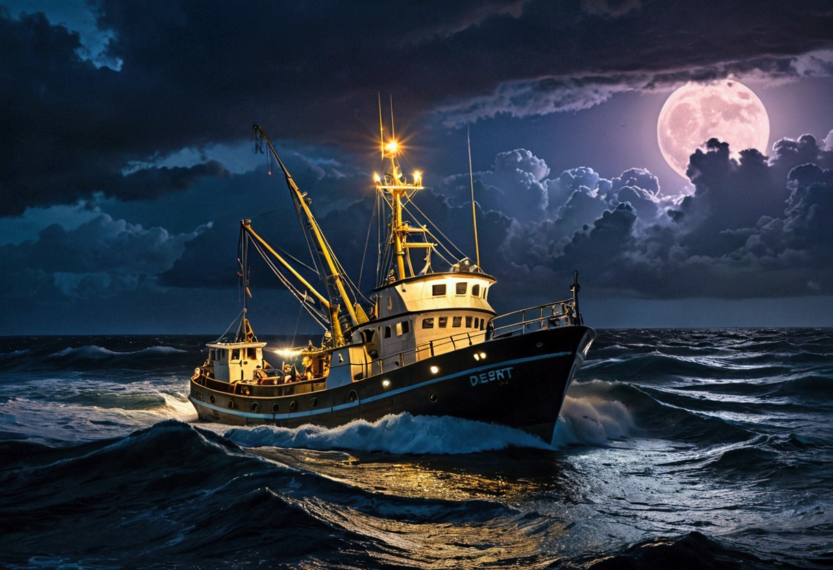 A fishing vessel named 'Desert Princess', dark and stormy night at sea

