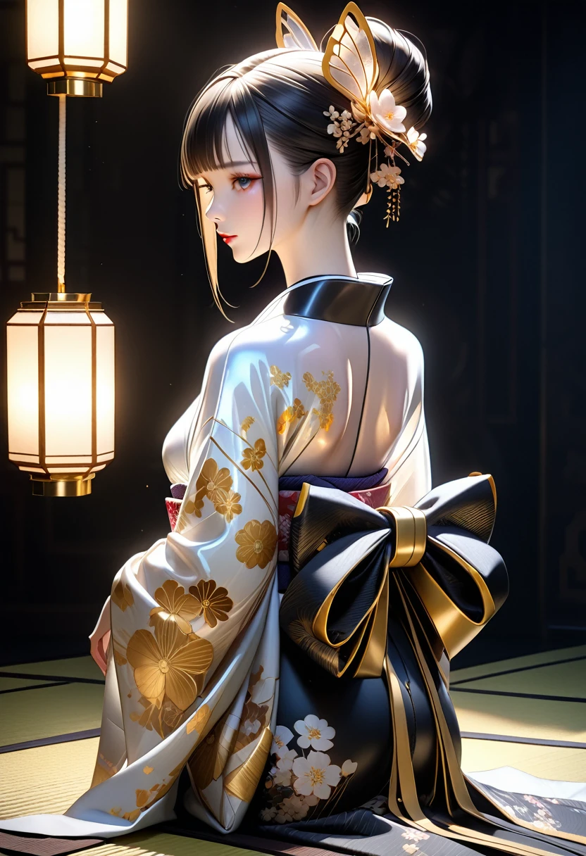Surrealist 3D CG art.Ultra-high resolution portrait of a Translucent mannequin-like android in a kimono,The android is a white translucent mannequin .The mannequin is very beautiful and you can see the internal mechanism.She wears a beautiful jet black kimono,The kimono has a beautiful and alluring pattern based on traditional Japanese beauty mainly in gold.The obi is a gorgeous and beautiful obi made by a craftsman with gold accents.The android is sitting on a tatami mat with its shoulders slightly visible from behind.The back is very sexy,Against a pitch black background, the light of a single lantern beautifully illuminates the android and her kimono.Android Very beautiful depiction of the translucent body,The texture and beauty of the kimono, the patterns drawn by the craftsmen,The texture and luster of the belt,( Ultra High Quality, Super High Quality, Realistic, Super Realistic1.3), (Masterpiece Best Quality.16k:1.5)Ultra detail,Cinematic lighting, ultra-fine painting, shooting with ultra-high resolution cameras,Physically based rendering, brilliant