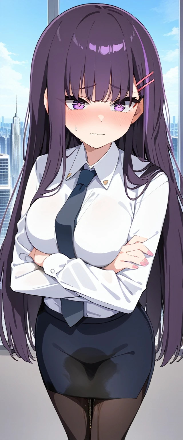 (masterpiece:1.37), best quality, (extremely detailed:1.37), (1girl:1.5), woman, (mature:1.5), (adult:1.5), large breasts, very long hair, (straight hair:1.5), (very dark purple hair:1.5), purple eyes, (extremely detailed eyes:1.37), business suit, necktie, very long (pencil skirt:1.5), pantyhose, desperation, (wetting self:2.0), standing, embarrassed, humiliation, blushing, angry, (crossed arms:1.5), office, indoors, window, cityscape, full body