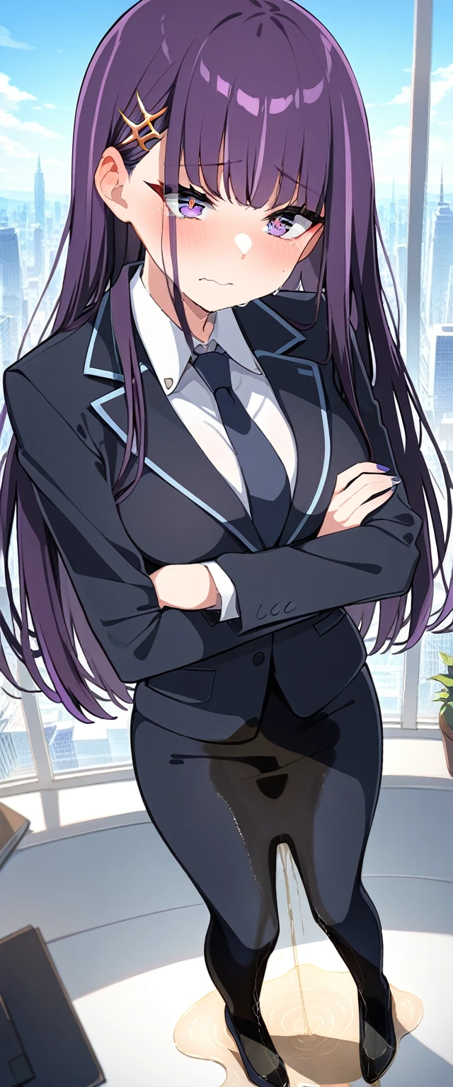 (masterpiece:1.37), best quality, (extremely detailed:1.37), (1girl:1.5), woman, (mature:1.5), (adult:1.5), large breasts, very long hair, (straight hair:1.5), (very dark purple hair:1.5), purple eyes, (extremely detailed eyes:1.37), business suit, necktie, very long (pencil skirt:1.5), pantyhose, desperation, (wetting self:2.0), standing, embarrassed, humiliation, blushing, angry, (crossed arms:1.5), office, indoors, window, cityscape, full body