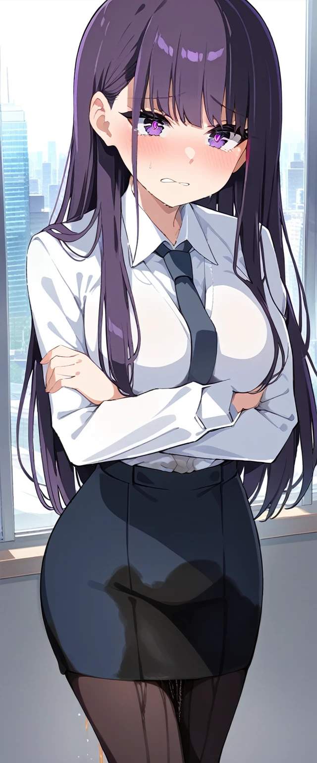 (masterpiece:1.37), best quality, (extremely detailed:1.37), (1girl:1.5), woman, (mature:1.5), (adult:1.5), large breasts, very long hair, (straight hair:1.5), (very dark purple hair:1.5), purple eyes, (extremely detailed eyes:1.37), business suit, necktie, very long (pencil skirt:1.5), pantyhose, desperation, (wetting self:2.0), standing, embarrassed, humiliation, blushing, angry, (crossed arms:1.5), office, indoors, window, cityscape, full body