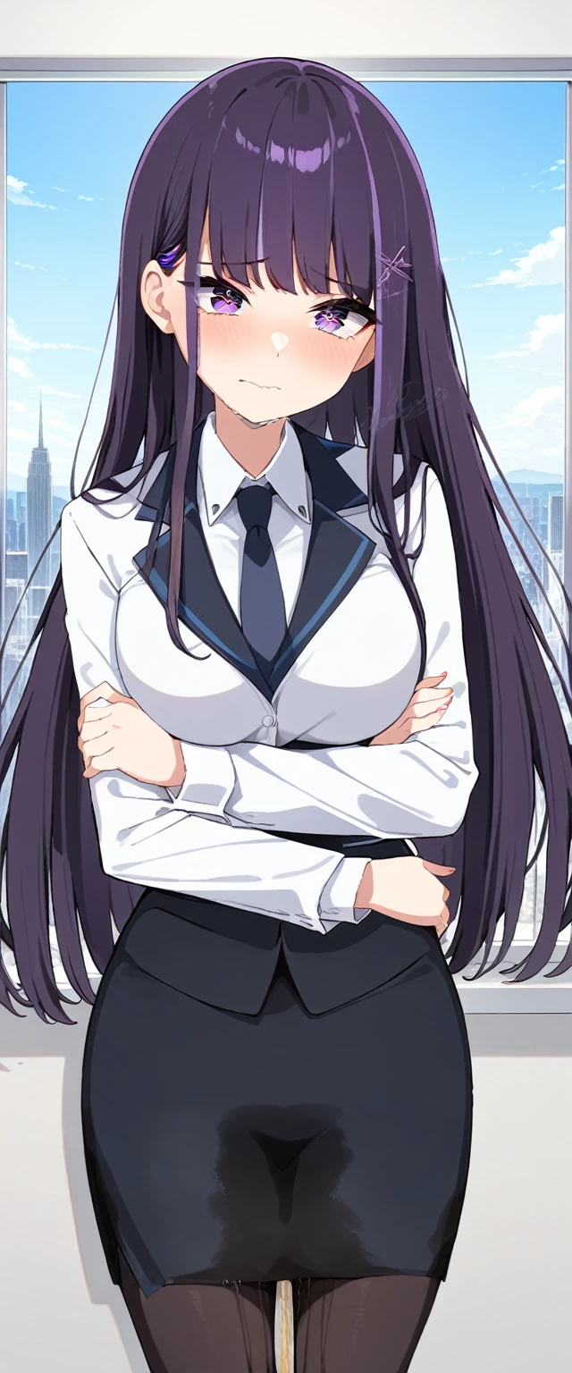 (masterpiece:1.37), best quality, (extremely detailed:1.37), (1girl:1.5), woman, (mature:1.5), (adult:1.5), large breasts, very long hair, (straight hair:1.5), (very dark purple hair:1.5), purple eyes, (extremely detailed eyes:1.37), business suit, necktie, very long (pencil skirt:1.5), pantyhose, desperation, (wetting self:2.0), standing, embarrassed, humiliation, blushing, angry, (crossed arms:1.5), office, indoors, window, cityscape, full body