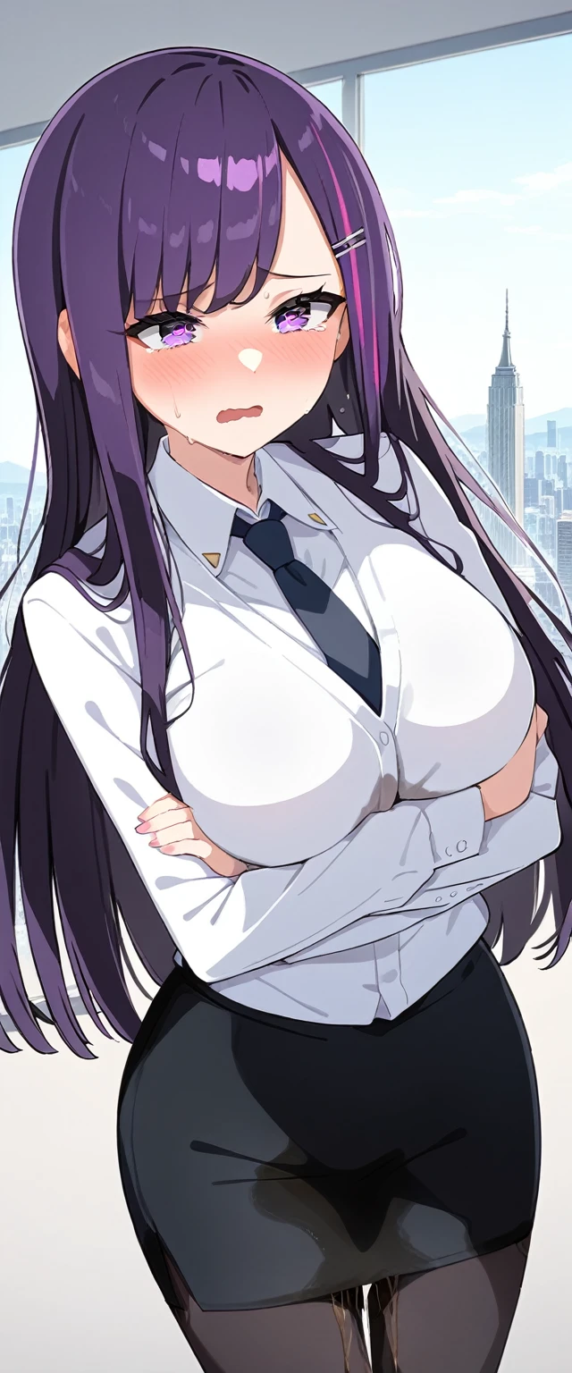 (masterpiece:1.37), best quality, (extremely detailed:1.37), (1girl:1.5), woman, (mature:1.5), (adult:1.5), large breasts, very long hair, (straight hair:1.5), (very dark purple hair:1.5), purple eyes, (extremely detailed eyes:1.37), business suit, necktie, very long (pencil skirt:1.5), pantyhose, desperation, (wetting self:2.0), standing, embarrassed, humiliation, blushing, angry, (crossed arms:1.5), office, indoors, window, cityscape, full body