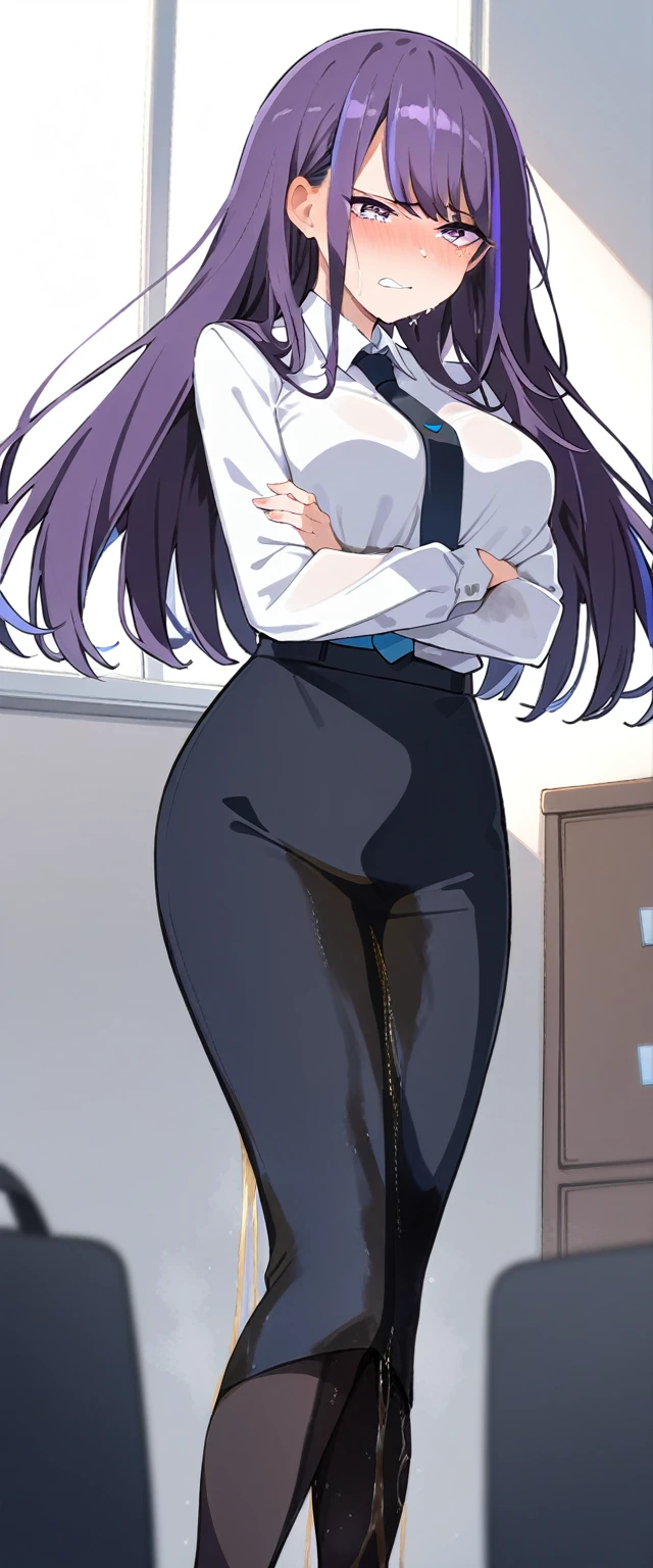 (masterpiece:1.37), best quality, (extremely detailed:1.37), (1girl:1.5), woman, (mature:1.5), (adult:1.5), large breasts, very long hair, (straight hair:1.5), (very dark purple hair:1.5), purple eyes, (extremely detailed eyes:1.37), business suit, necktie, very long (pencil skirt:1.5), pantyhose, desperation, (wetting self:2.0), standing, embarrassed, humiliation, blushing, angry, (crossed arms:1.5), office, indoors, window, cityscape, full body