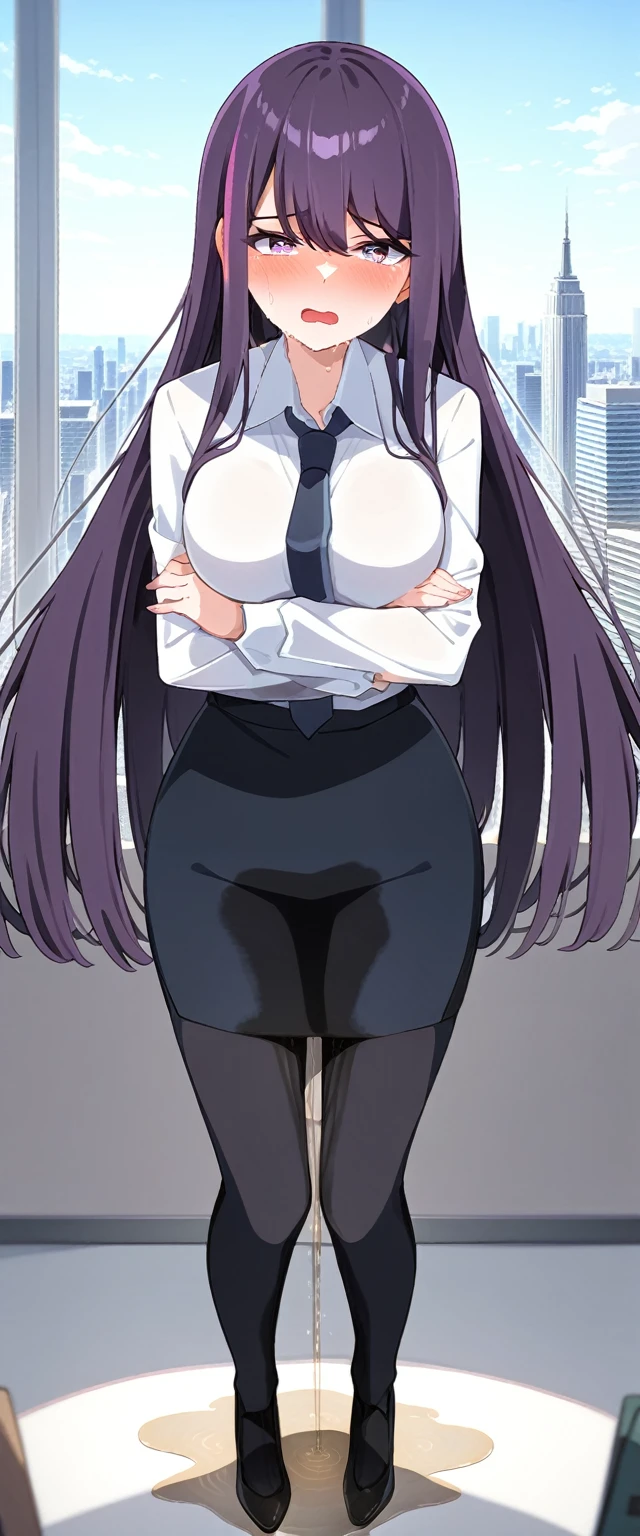 (masterpiece:1.37), best quality, (extremely detailed:1.37), (1girl:1.5), woman, (mature:1.5), (adult:1.5), large breasts, very long hair, (straight hair:1.5), (very dark purple hair:1.5), purple eyes, (extremely detailed eyes:1.37), business suit, necktie, very long (pencil skirt:1.5), pantyhose, desperation, (wetting self:2.0), standing, embarrassed, humiliation, blushing, angry, (crossed arms:1.5), office, indoors, window, cityscape, full body