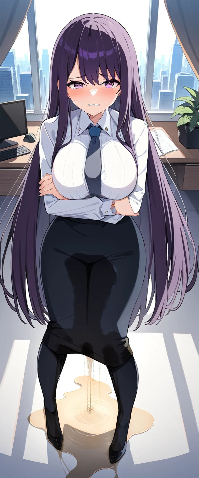 (masterpiece:1.37), best quality, (extremely detailed:1.37), (1girl:1.5), woman, (mature:1.5), (adult:1.5), large breasts, very long hair, (straight hair:1.5), (very dark purple hair:1.5), purple eyes, (extremely detailed eyes:1.37), business suit, necktie, very long (pencil skirt:1.5), pantyhose, desperation, (wetting self:2.0), standing, embarrassed, humiliation, blushing, angry, (crossed arms:1.5), office, indoors, window, cityscape, full body