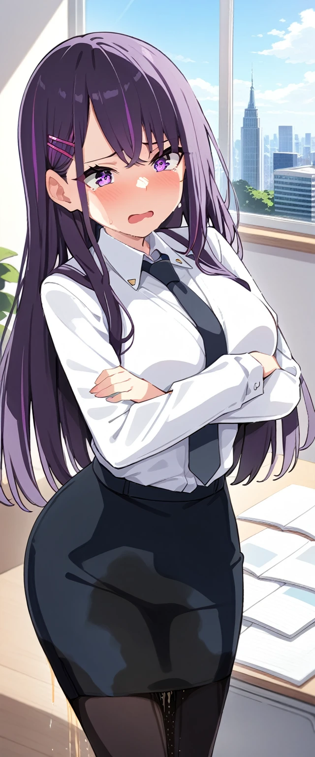 (masterpiece:1.37), best quality, (extremely detailed:1.37), (1girl:1.5), woman, (mature:1.5), (adult:1.5), large breasts, very long hair, (straight hair:1.5), (very dark purple hair:1.5), purple eyes, (extremely detailed eyes:1.37), business suit, necktie, very long (pencil skirt:1.5), pantyhose, desperation, (wetting self:2.0), standing, embarrassed, humiliation, blushing, angry, (crossed arms:1.5), office, indoors, window, cityscape, full body