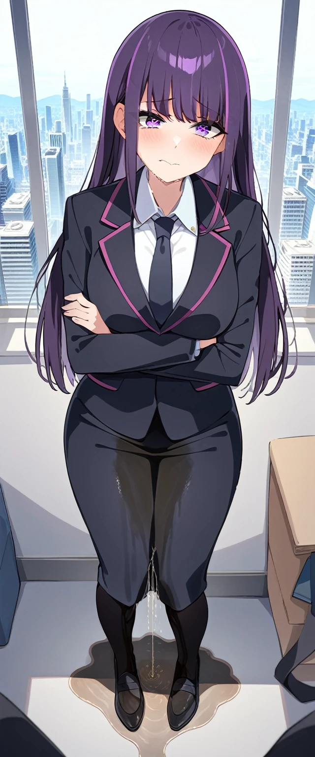 (masterpiece:1.37), best quality, (extremely detailed:1.37), (1girl:1.5), woman, (mature:1.5), (adult:1.5), large breasts, very long hair, (straight hair:1.5), (very dark purple hair:1.5), purple eyes, (extremely detailed eyes:1.37), business suit, necktie, very long (pencil skirt:1.5), pantyhose, desperation, (wetting self:2.0), standing, embarrassed, humiliation, blushing, angry, (crossed arms:1.5), office, indoors, window, cityscape, full body