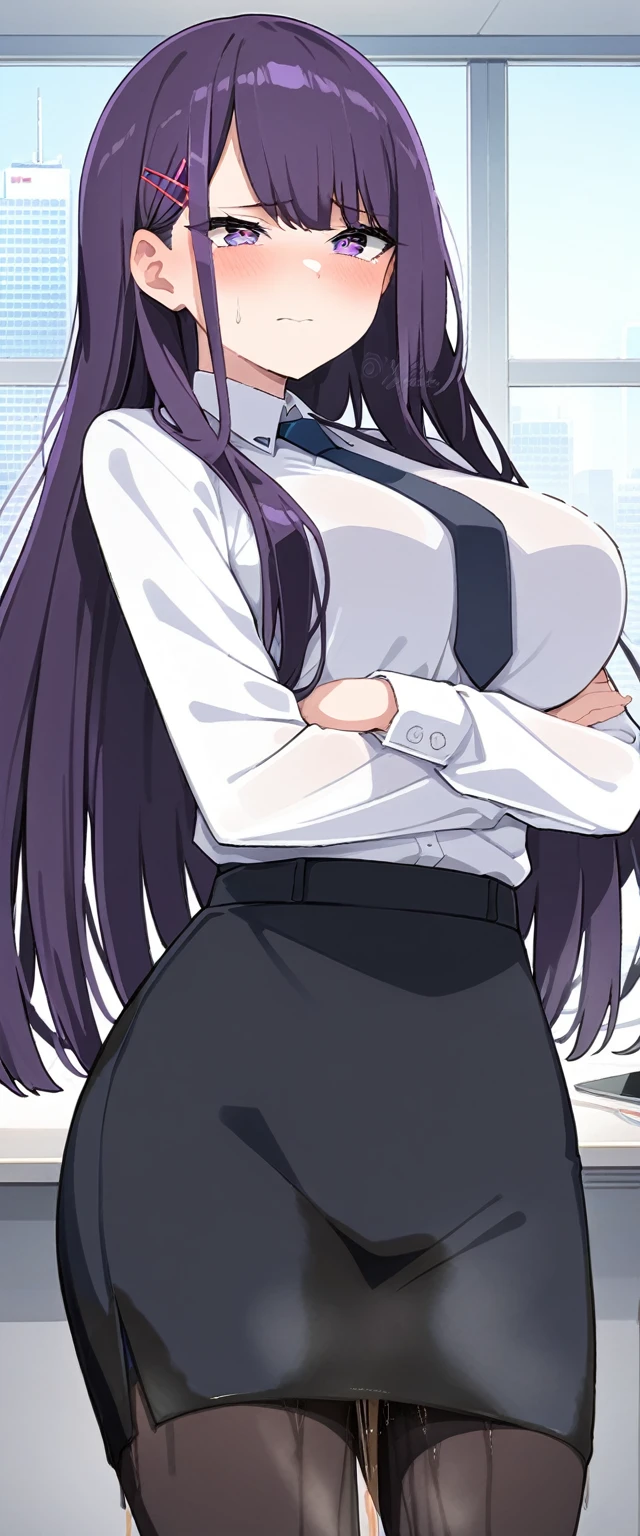 (masterpiece:1.37), best quality, (extremely detailed:1.37), (1girl:1.5), woman, (mature:1.5), (adult:1.5), large breasts, very long hair, (straight hair:1.5), (very dark purple hair:1.5), purple eyes, (extremely detailed eyes:1.37), business suit, necktie, very long (pencil skirt:1.5), pantyhose, desperation, (wetting self:2.0), standing, embarrassed, humiliation, blushing, angry, (crossed arms:1.5), office, indoors, window, cityscape, full body