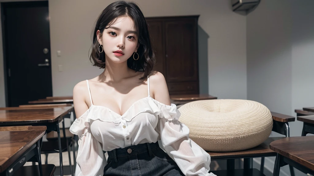 absurd, raw photo, very delicate and beautiful, masterpiece, best quality, ultra high resolution, 16,000, surreal, very detailed, complete anatomy, very detailed 피부, perfect look, very detailed CG 8k 벽지, In my 20s , delicate facial features, mole shedding tears, earring, (very big and round breasts:1.2), (full body shot:1.1), (1 woman:1), Short hair, (wavy hair:1.1), (), sleeveless, buttonless shirt, super mini skirt , modern dark classroom interior , minimalist sexy transparent costume, off shoulder