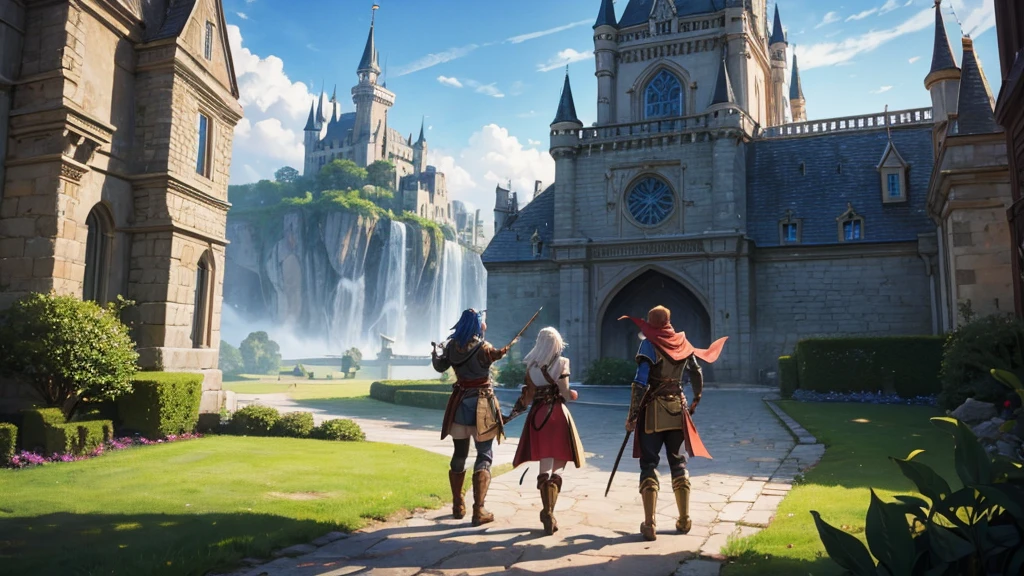 Fantasy　Adventurers　With 3 people　Sword and Magic　knight　In front of the castle