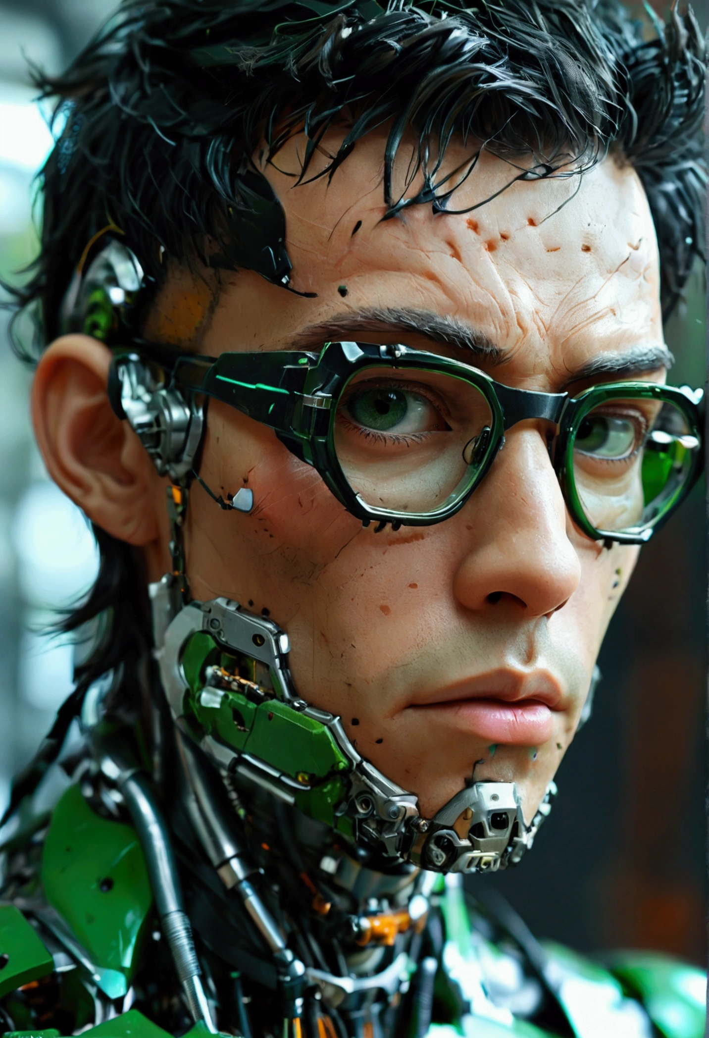 Male body hair of robot with black rimmed glasses with crumpled hair, Look to the camera ::futuristic cyberpunk style ,realistic styling ::n_digital painting style, deformed parts, deformed face ::seed 1、Black Edged Hair、large nose、Green-based clothing