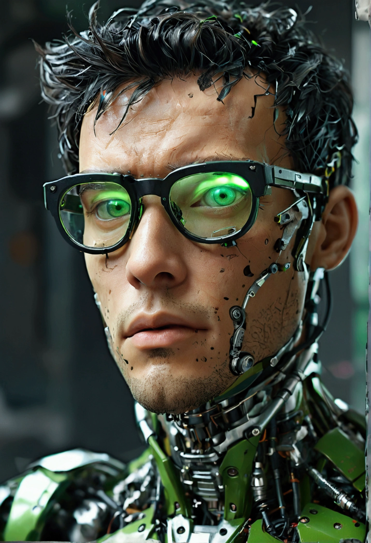 Male body hair of robot with black rimmed glasses with crumpled hair, Look to the camera ::futuristic cyberpunk style ,realistic styling ::n_digital painting style, deformed parts, deformed face ::seed 1、Black Edged Hair、large nose、Green-based clothing