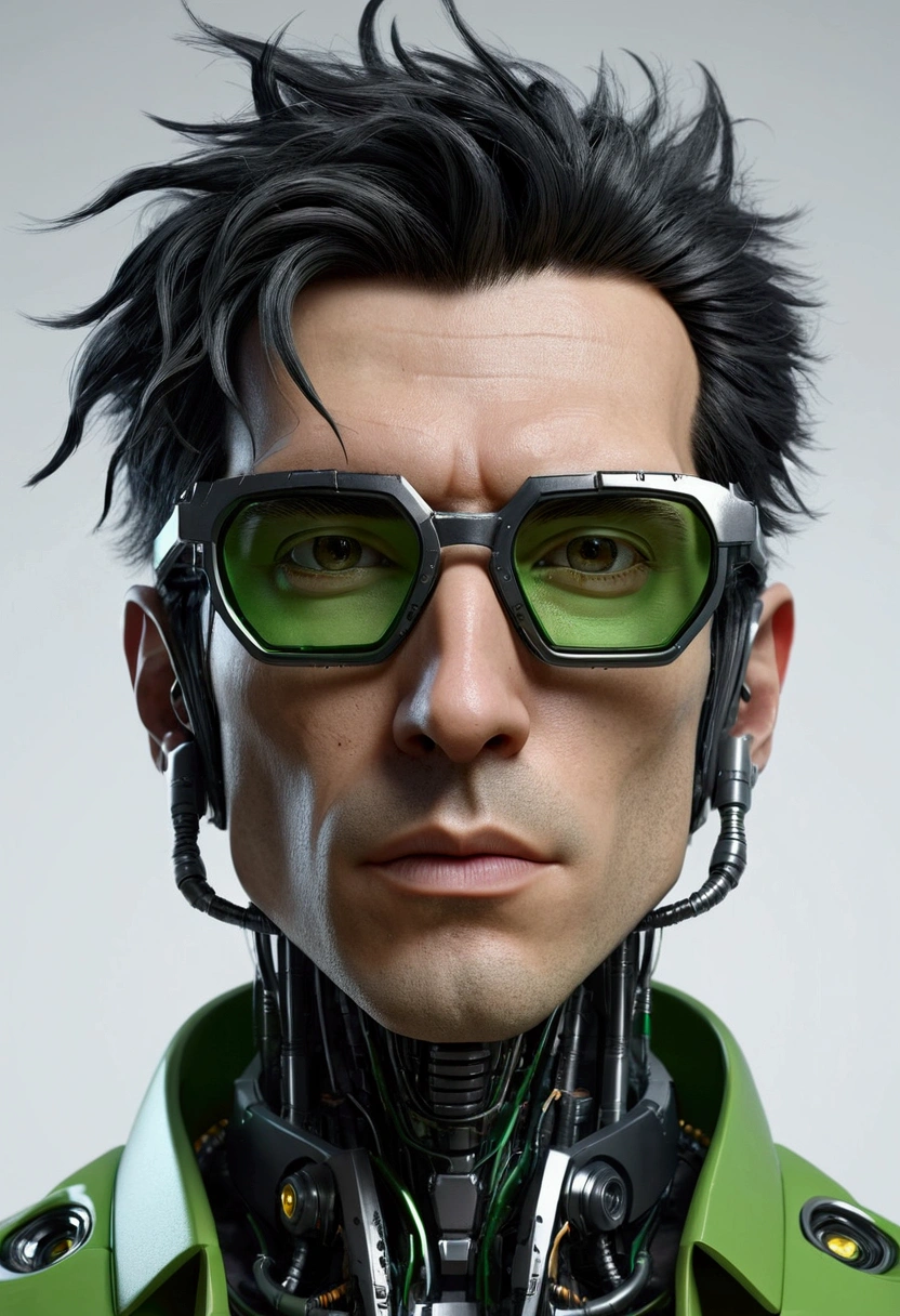 Male body hair of robot with black rimmed glasses with crumpled hair, Look to the camera ::futuristic cyberpunk style ,realistic styling ::n_digital painting style, deformed parts, deformed face ::seed 1、Black Edged Hair、large nose、Green-based clothing