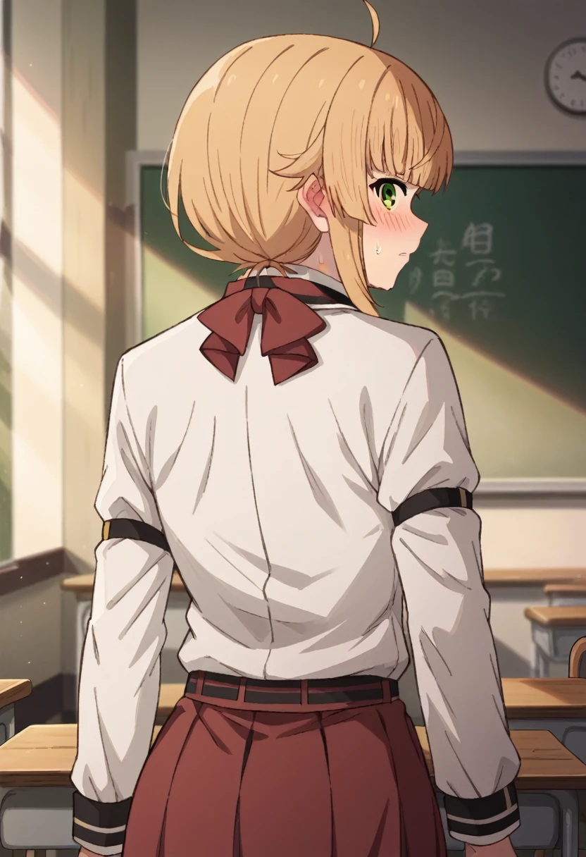 NSFW，from  behind，
norngreyrat, norn greyrat, bangs, blonde hair, green eyes, ahoge,
long sleeves, bow，jacket, bowtie, red bow, skirt, red skirt, white jacket,
indoors, classroom, (embrassing,blush:1.2),(vapor:0.8),(Wet:0.8),(Sweat:0.8)，sshow off your ass
looking at viewer, cowboy shot