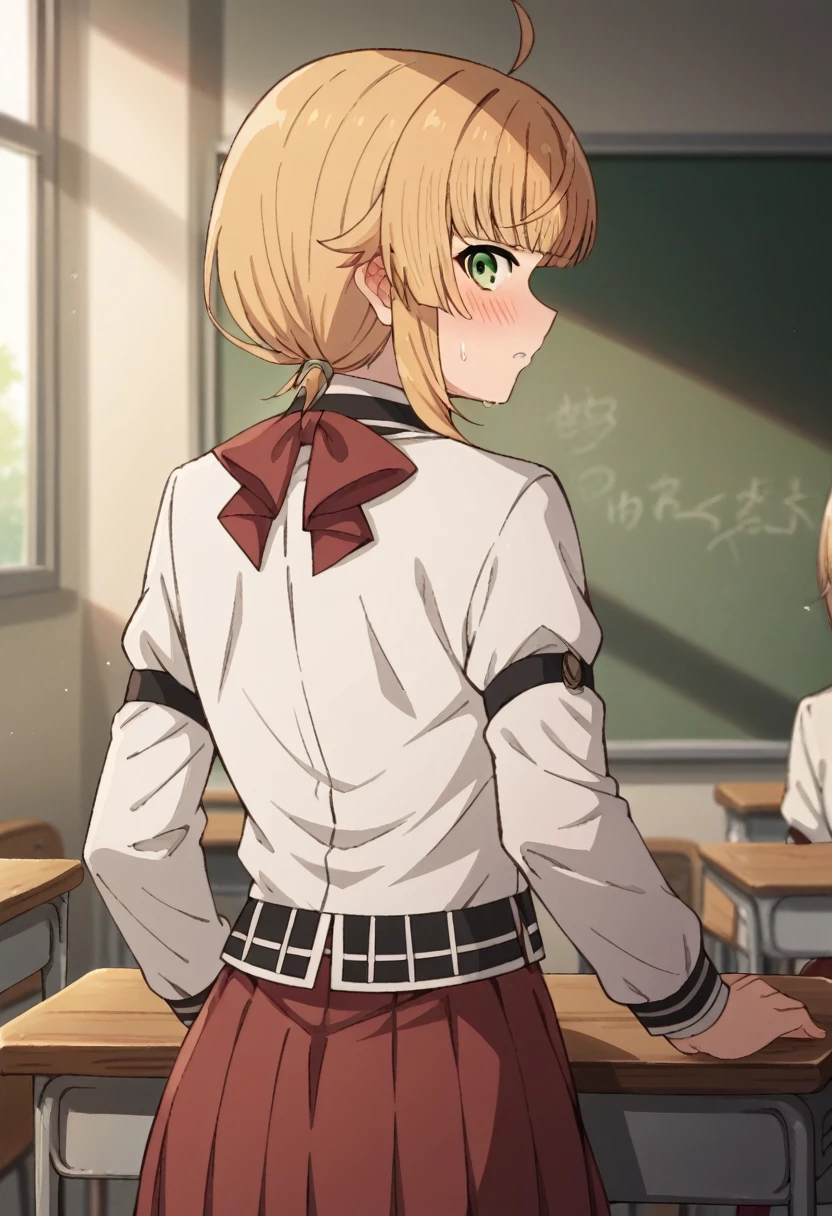 NSFW，from  behind，
norngreyrat, norn greyrat, bangs, blonde hair, green eyes, ahoge,
long sleeves, bow，jacket, bowtie, red bow, skirt, red skirt, white jacket,
indoors, classroom, (embrassing,blush:1.2),(vapor:0.8),(Wet:0.8),(Sweat:0.8)，sshow off your ass
looking at viewer, cowboy shot