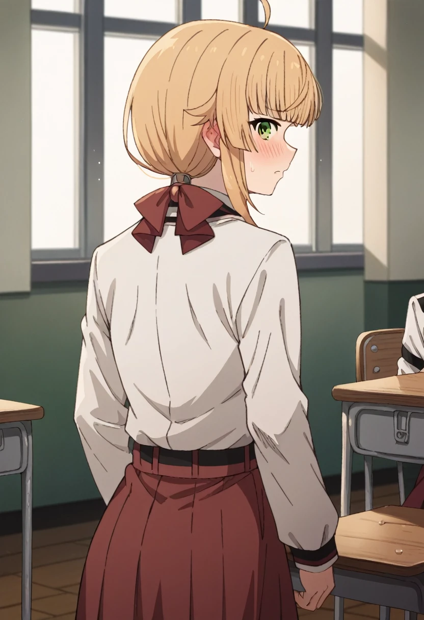 NSFW，from  behind，
norngreyrat, norn greyrat, bangs, blonde hair, green eyes, ahoge,
long sleeves, bow，jacket, bowtie, red bow, skirt, red skirt, white jacket,
indoors, classroom, (embrassing,blush:1.2),(vapor:0.8),(Wet:0.8),(Sweat:0.8)，sshow off your ass
looking at viewer, cowboy shot