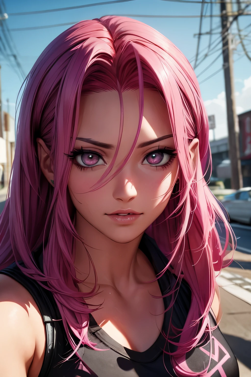There is a woman with pink hair and a black top, Retrato de Jinx de Arcane, seductive portrait of Tifa Lockhart, Double tail pink hair and cyan eyes, Samira de League of Legends, Close-up bust photo, Portrait of Tifa Lockhart, Photorealistic Render of Anime Girl, Haruno Sakura, as an Overwatch character, Rendered in SFM, Realistic 3D anime, greeting the camera, sexy
