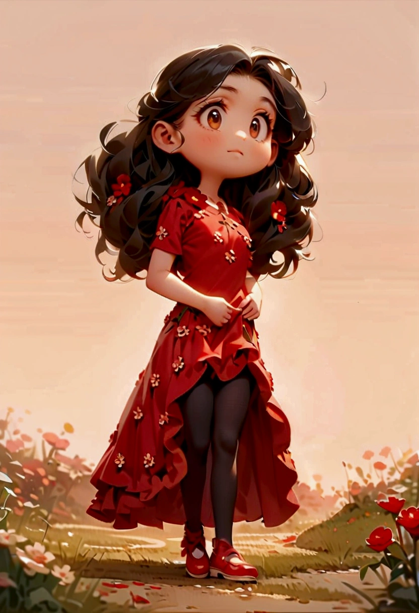 ((detailed scene)) ((a red flowered gown with leggings)) ((a single dress for the character)) ((a quiet girl)) (( long flowing black hair ))((gentle brown eyes)) ((she stood on a grassy path)) ((taking a walk))