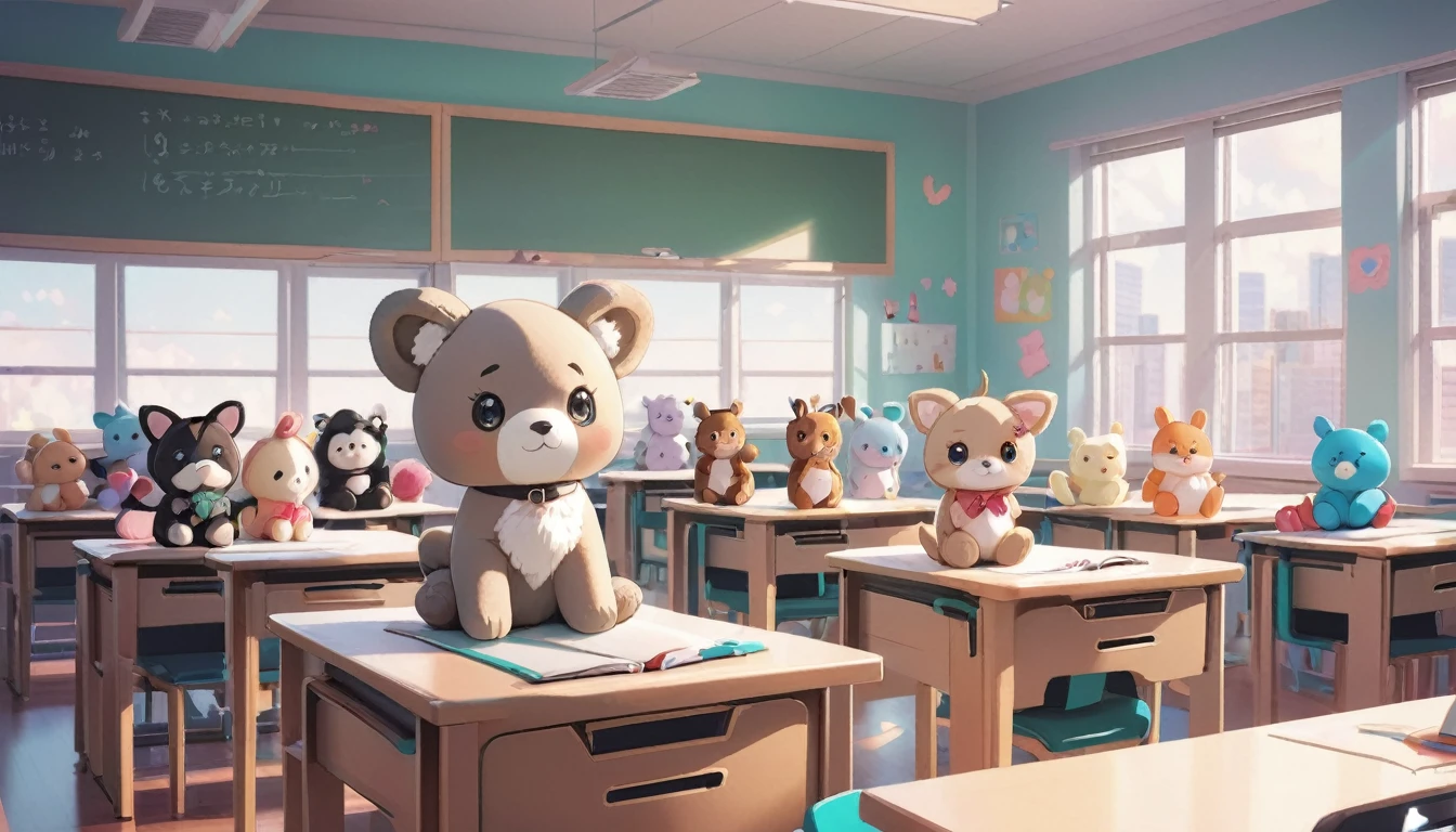 there are many stuffed animals sitting in a classroom with desks, classroom background, adorable digital painting, cute 3 d render, artwork in the style of guweiz, animation style render, typical anime classroom, kawaii hq render, childrens art in artstation, cute detailed digital art, highschool background, cute digital art, in the style of ross tran