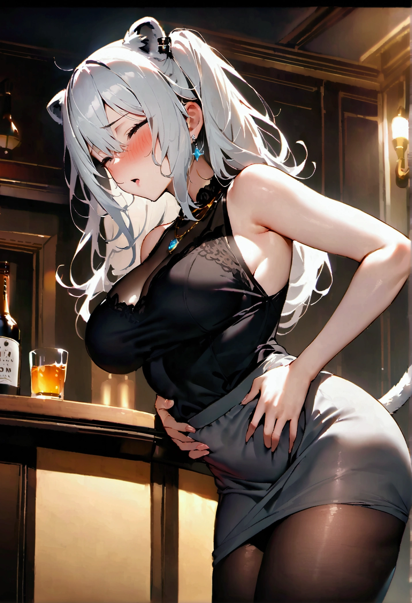 NSFW,masterpiece,Highest quality,High resolution,Super detailed,Shishirabotan\(Hololive\),Long Hair、Two Side Up、Earrings、Lion&#39;s Tail,necklace、Black Shirt、Sleeveless shirt、abdomen、See-through、Grey Skirt、片足pantyhose、pantyhose、Off the shoulder,Black sexy panties,Embarrassed,blush,Luxurious Room,pub,Private room,sofa,(Drunk),(Intoxication),heart,Sexy pose,Panty shot,(Middle-aged men),(A man puts his hands on her waist and hugs her),Deep kissing,From the side