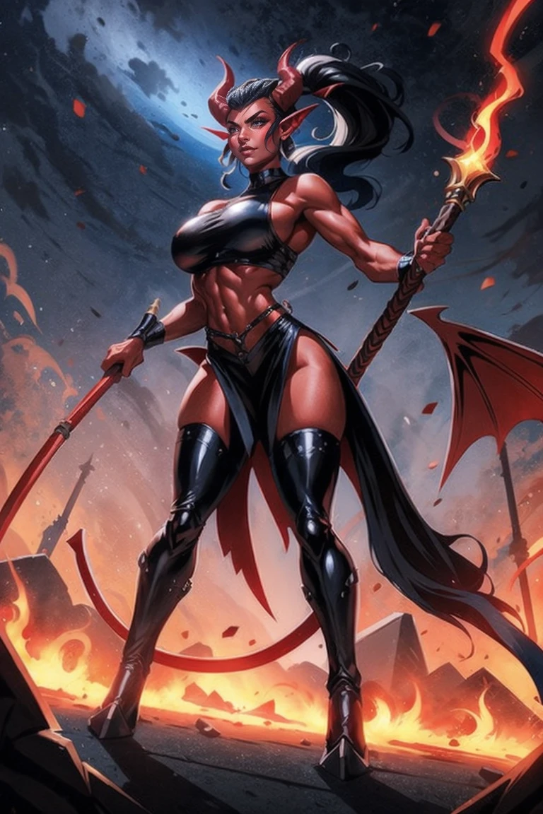 Red skin succubus tiefling, digitigrade legs, full breasts, medium breasts, black horns, wings, huge tail, black leather, crop top, long flowing pelvic curtain, tall, toned, graceful, thin, long black ponytail. Action scene, whip. Dark scene, explosions, night sky.