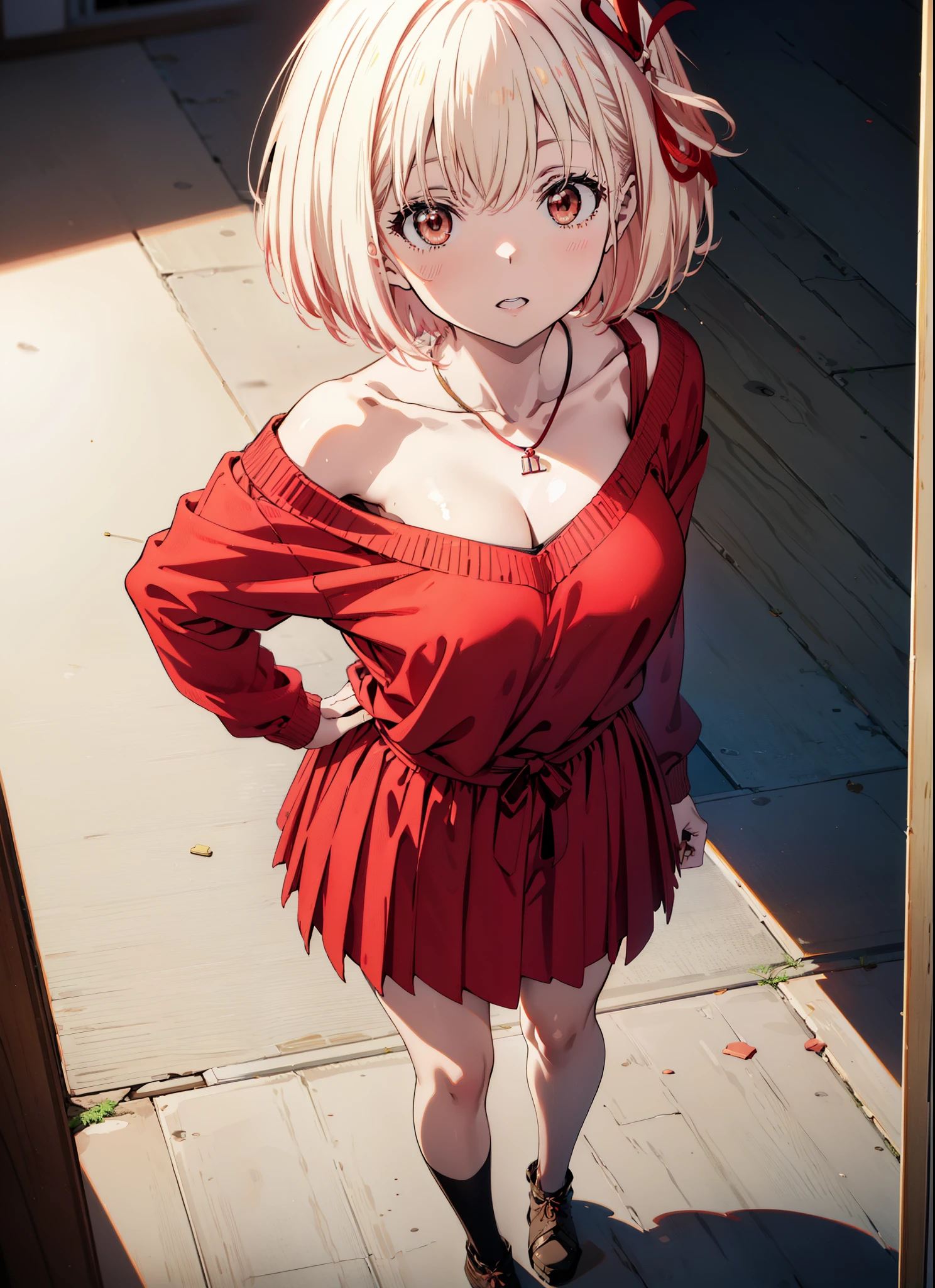 Chisato Nishikigi, short hair, bangs, Blonde, (Red eyes:1.5), hair ribbon, One side up, Bobcut,happy smile, smile, Open your mouth,Heart-shaped necklace,Bare neck,Bare shoulders,bare clavicle,Red one-shoulder sweater,mini skirt,Black pantyhose,short boots,Walking,whole bodyがイラストに入るように,Daytime,Clear skies,
break indoors,School,canteen,
break looking at viewer, whole body,
break (masterpiece:1.2), Highest quality, High resolution, unity 8k wallpaper, (figure:0.8), (Beautiful attention to detail:1.6), Highly detailed face, Perfect lighting, Highly detailed CG, (Perfect hands, Perfect Anatomy),