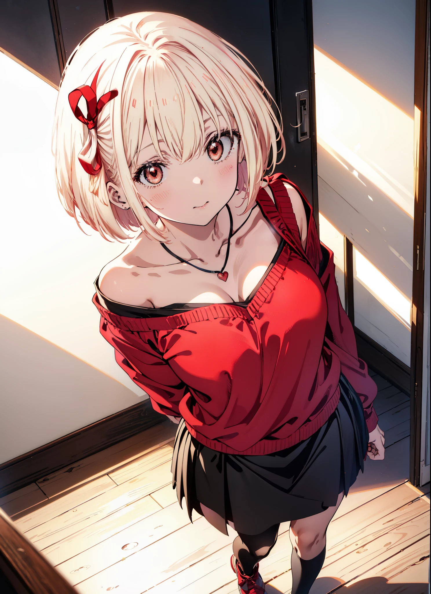 Chisato Nishikigi, short hair, bangs, Blonde, (Red eyes:1.5), hair ribbon, One side up, Bobcut,happy smile, smile, Open your mouth,Heart-shaped necklace,Bare neck,Bare shoulders,bare clavicle,Red one-shoulder sweater,mini skirt,Black pantyhose,short boots,Walking,whole bodyがイラストに入るように,Daytime,Clear skies,
break indoors,School,canteen,
break looking at viewer, whole body,
break (masterpiece:1.2), Highest quality, High resolution, unity 8k wallpaper, (figure:0.8), (Beautiful attention to detail:1.6), Highly detailed face, Perfect lighting, Highly detailed CG, (Perfect hands, Perfect Anatomy),