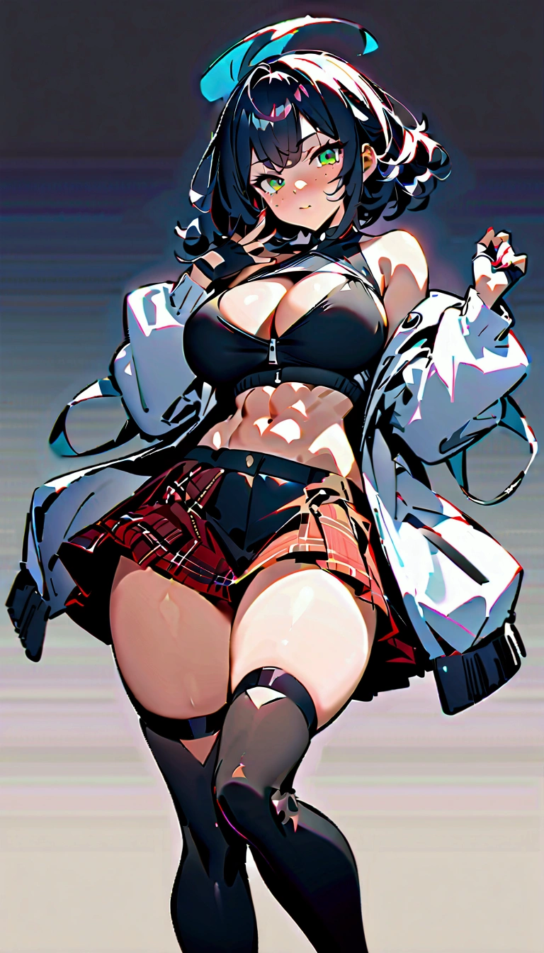 woman, curly red pixie cut hair, green eyes, wearing crop top black shirt, long black jacket, red plaid skirt, (black knee high boots), black fingerless gloves, exposed shoulders, (full body), large breasts, freckles, cleavage, abs, looking at viewer, masterpiece, best quality