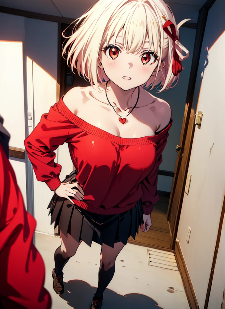 Chisato Nishikigi, short hair, bangs, Blonde, (Red eyes:1.5), hair ribbon, One side up, Bobcut,happy smile, smile, Open your mouth,Heart-shaped necklace,Bare neck,Bare shoulders,bare clavicle,Red one-shoulder sweater,mini skirt,Black pantyhose,short boots,Walking,whole bodyがイラストに入るように,Daytime,Clear skies,
break indoors,School,canteen,
break looking at viewer, whole body,
break (masterpiece:1.2), Highest quality, High resolution, unity 8k wallpaper, (figure:0.8), (Beautiful attention to detail:1.6), Highly detailed face, Perfect lighting, Highly detailed CG, (Perfect hands, Perfect Anatomy),