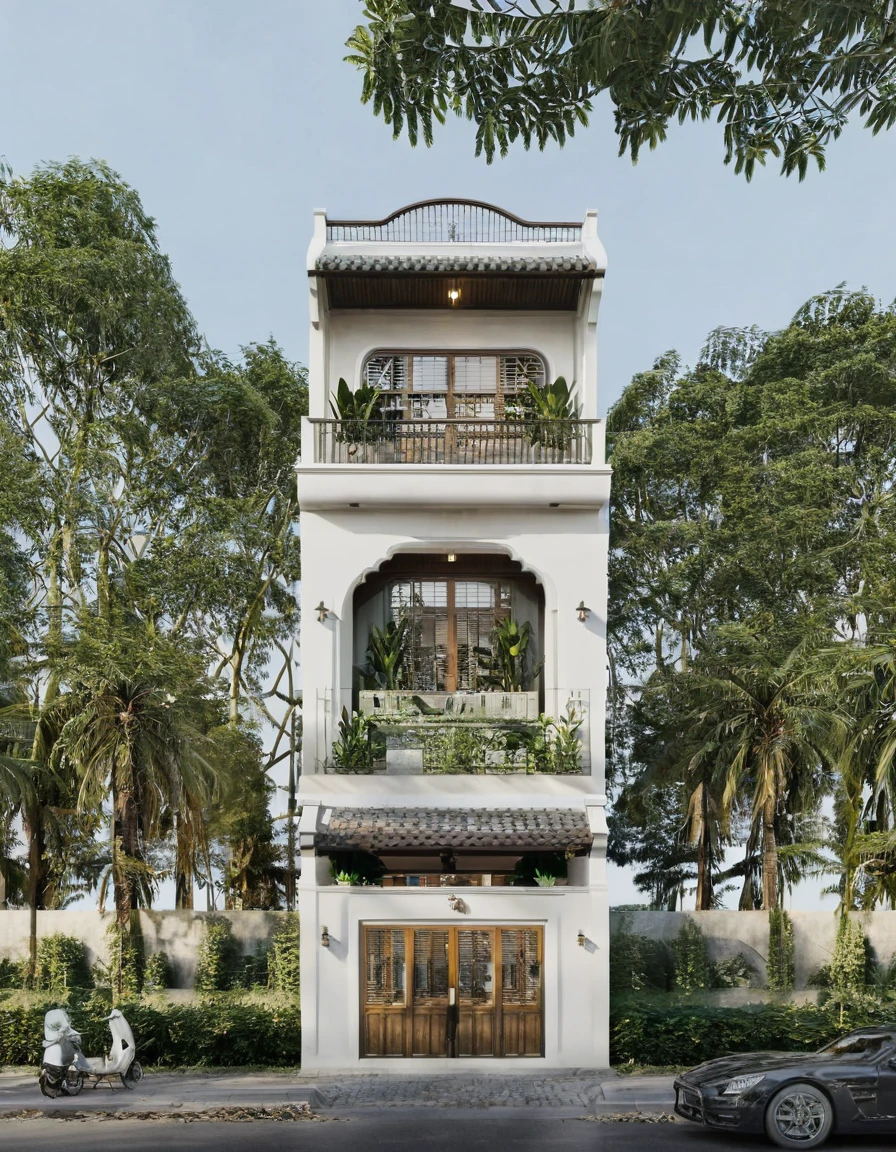 Render a 4-meter-wide, 3-story Indochine-style small townhouse situated in an urban setting. The townhouse features an elegant white facade with traditional Indochine architectural elements, including arched windows, wooden shutters, and decorative railings. The roof is designed with a two-sided slope running from front to back, similar to the style of houses in Hoi An. The exterior walls are adorned with subtle, ornate details that reflect the Indochine style. Incorporate artistic wooden louver panels (lam gỗ) on the exterior for added visual interest and architectural depth. The ground floor includes a welcoming entrance with classic wooden furniture and traditional lanterns. The street is lined with cobblestone pavement, tropical plants, and urban elements such as street lamps and parked bicycles, creating a harmonious blend of traditional and urban aesthetics.
8k resolution, UHD, high-quality detail, Indochine style, 5-meter-wide facade, 3-story, white exterior, arched windows, wooden shutters, decorative railings, two-sided sloping roof, Hoi An style, classic wooden furniture, traditional lanterns, ornate details, artistic wooden louver panels, urban setting, street view, cobblestone pavement, tropical plants, street lamps, parked bicycles, harmonious blend of traditional and urban aesthetics.