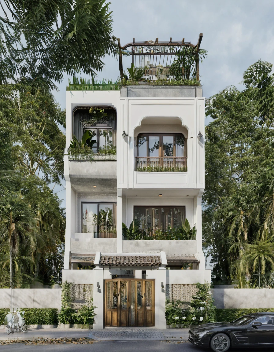 Render a 4-meter-wide, 3-story Indochine-style small townhouse situated in an urban setting. The townhouse features an elegant white facade with traditional Indochine architectural elements, including arched windows, wooden shutters, and decorative railings. The roof is designed with a two-sided slope running from front to back, similar to the style of houses in Hoi An. The exterior walls are adorned with subtle, ornate details that reflect the Indochine style. Incorporate artistic wooden louver panels (lam gỗ) on the exterior for added visual interest and architectural depth. The ground floor includes a welcoming entrance with classic wooden furniture and traditional lanterns. The street is lined with cobblestone pavement, tropical plants, and urban elements such as street lamps and parked bicycles, creating a harmonious blend of traditional and urban aesthetics.
8k resolution, UHD, high-quality detail, Indochine style, 5-meter-wide facade, 3-story, white exterior, arched windows, wooden shutters, decorative railings, two-sided sloping roof, Hoi An style, classic wooden furniture, traditional lanterns, ornate details, artistic wooden louver panels, urban setting, street view, cobblestone pavement, tropical plants, street lamps, parked bicycles, harmonious blend of traditional and urban aesthetics.