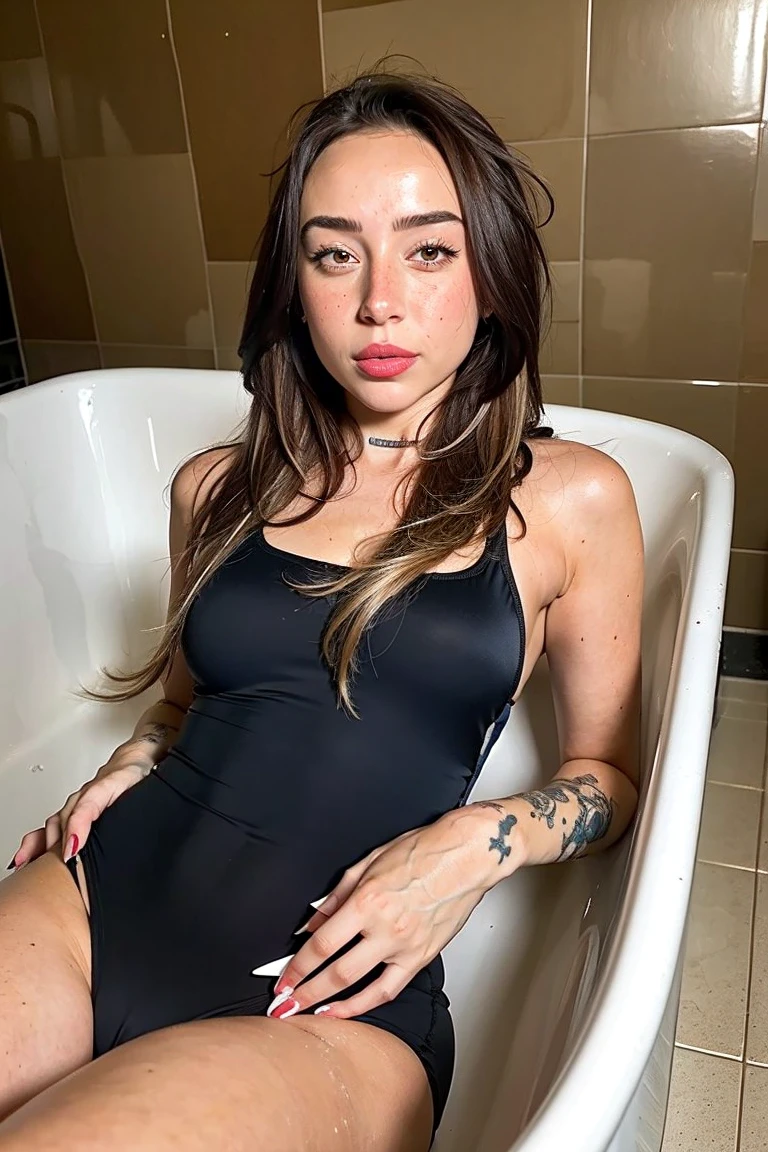 1girl with long brown hair reclines in a white bathtub filled with sudsy water, wearing a shiny, black, high-cut one-piece swimsuit. She gazes directly at the camera, her body mostly submerged except for her neck and upper chest. The background features neutral-colored tiles.