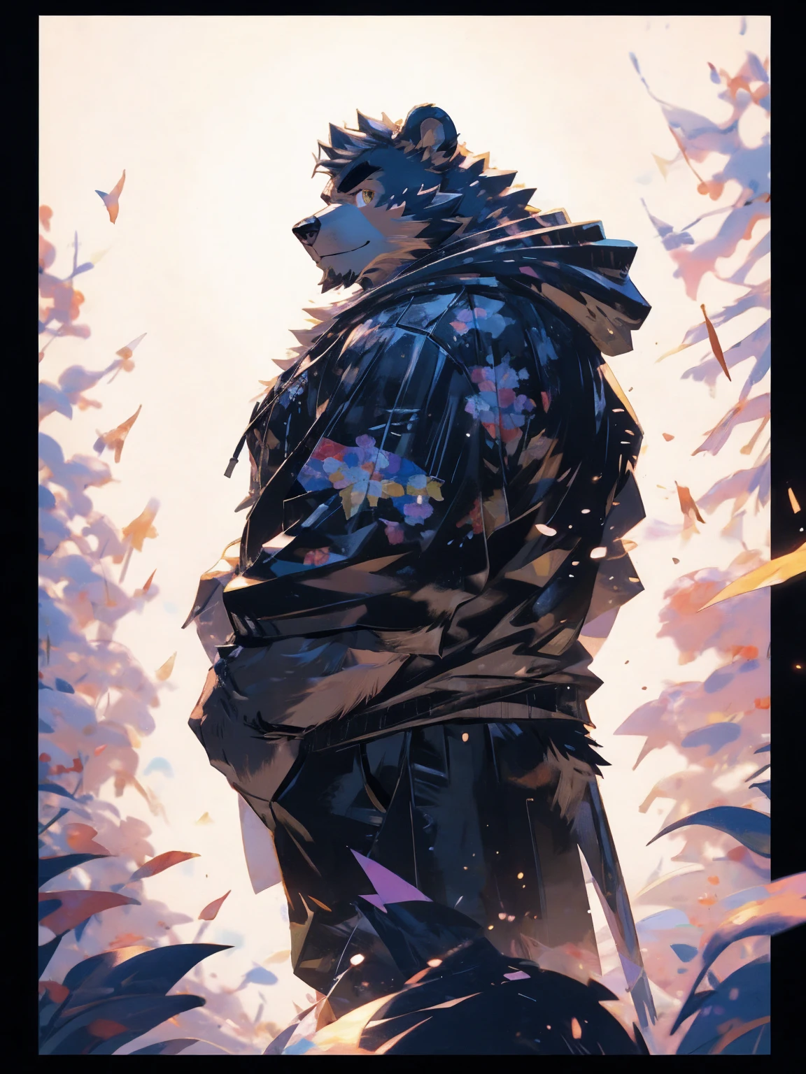 (masterpiece:1.2), best quality,pixiv,official art,perfect anatomy, (Ray tracing, light),solo, extreme detail, (1_male:1.3) , (muscle), (grey fur:1.4), (muscle bear), (beard:1.2), (gleaming golden eyes), bear tail, Thick black eyebrows, (open short hoodie), (naked inside),cargo shorts, black short boots, (pure white background: 1.3), (portrait:1.1), colorful bandage, border line