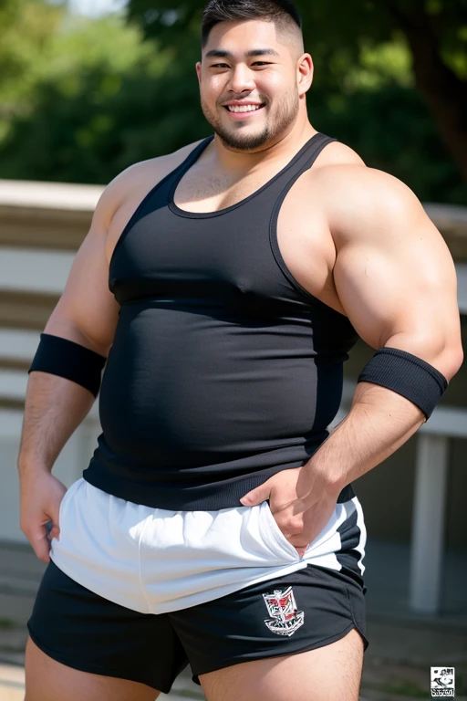 ((highest quality)), ((masterpiece)), (detailed), ((Perfect Face)), 4k, Shaved head, Young Japanese, Muscular, Fat body, Very big man, smile, ((showing off crotch))A large Japanese man topless、whole body、Rugby、Thick legs、Thick arm muscles、Intimidating、whole body、wearing a very tight black shorts