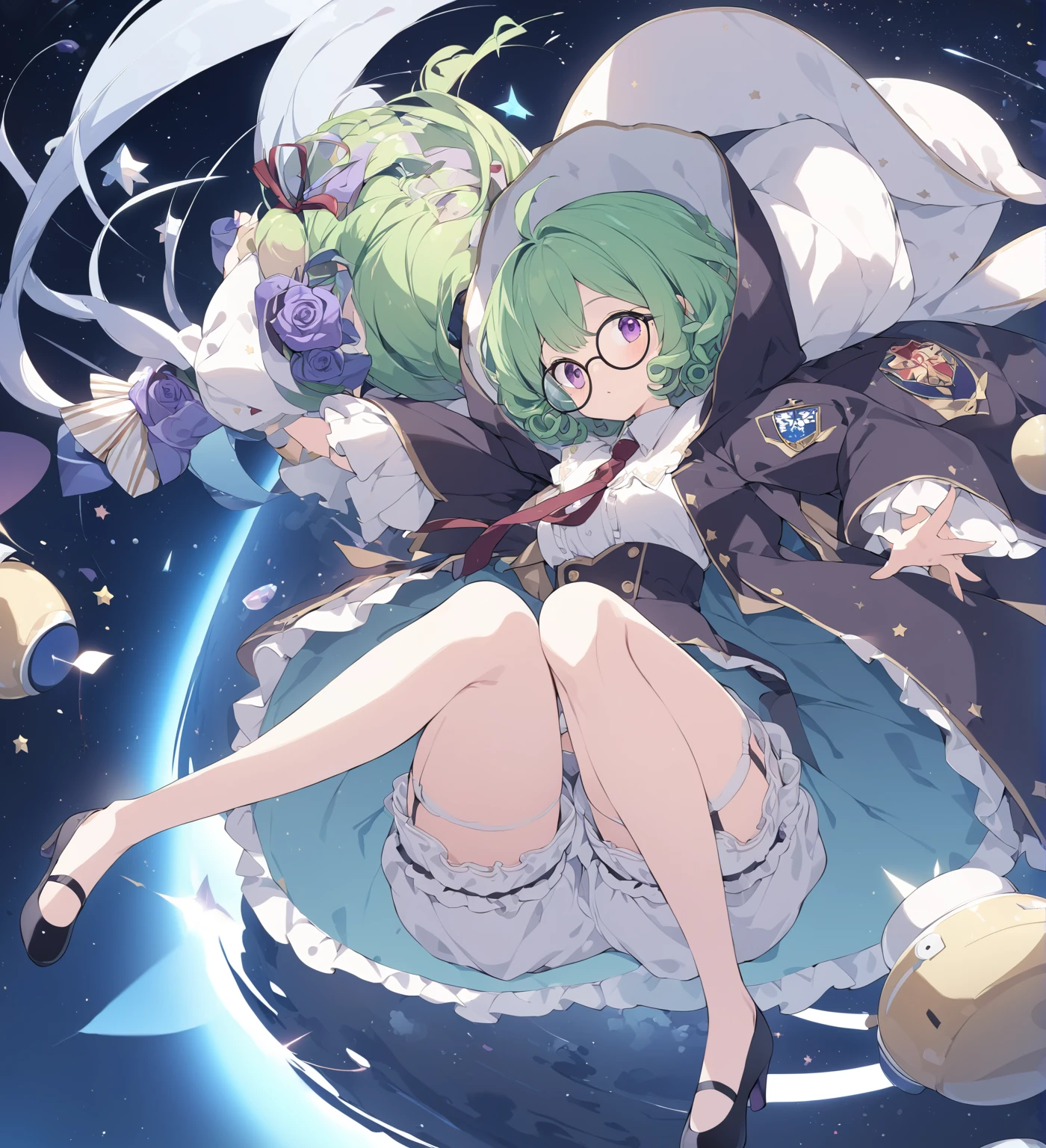 BREAK Perfect Anatomy、(High resolution:1.2)、Incredible illustrations、(Cute illustrations:1.2)、 (Beautiful background,starry skies), 1girl(A large witch's hat with a wide frill and a purple rose decoration, a robe with the Duke's coat of arms on the sleeve, a cream-colored blouse, a winered ribbon tie, garter skirt, bloomers,garter stockings, and pumps. )(Curly short cut, green hair, large round glasses) (Zero gravity,Weightless, floating in the air holding my knees)
