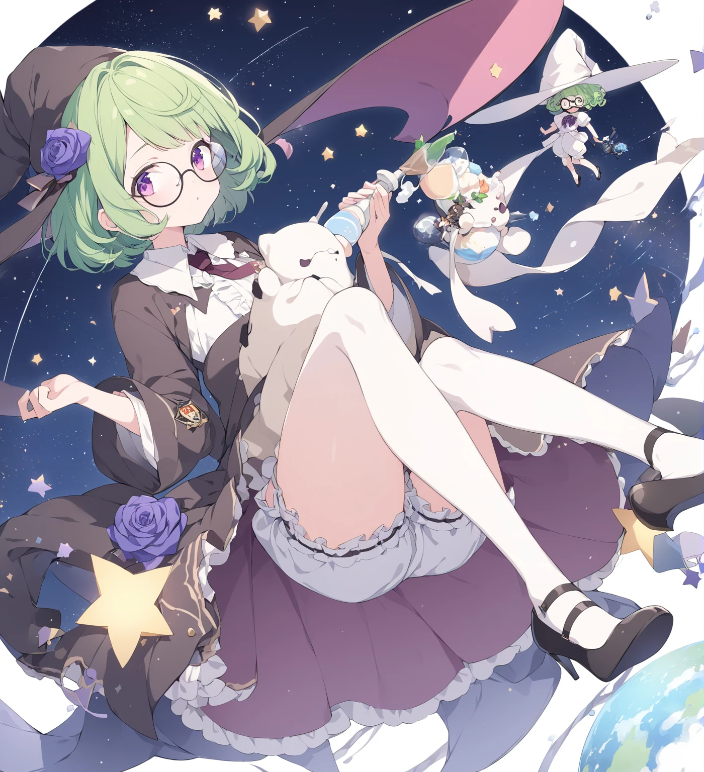 BREAK Perfect Anatomy、(High resolution:1.2)、Incredible illustrations、(Cute illustrations:1.2)、 (Beautiful background,starry skies), 1girl(A large witch's hat with a wide frill and a purple rose decoration, a robe with the Duke's coat of arms on the sleeve, a cream-colored blouse, a winered ribbon tie, garter skirt, bloomers,garter stockings, and pumps. )(Curly short cut, green hair, large round glasses) (Zero gravity,Weightless, floating in the air holding my knees)