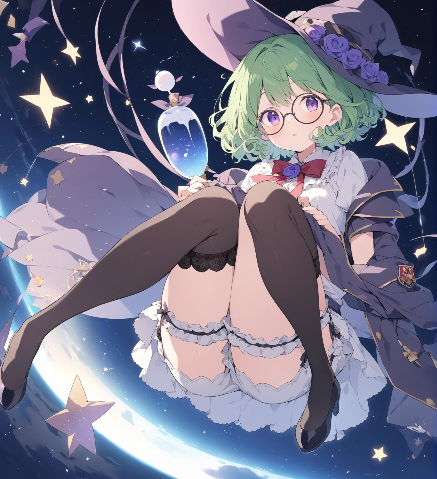 BREAK Perfect Anatomy、(High resolution:1.2)、Incredible illustrations、(Cute illustrations:1.2)、 (Beautiful background,starry skies), 1girl(A large witch's hat with a wide frill and a purple rose decoration, a robe with the Duke's coat of arms on the sleeve, a cream-colored blouse, a winered ribbon tie, garter skirt, bloomers,garter stockings, and pumps. )(Curly short cut, green hair, large round glasses) (Zero gravity,Weightless, floating in the air holding my knees)