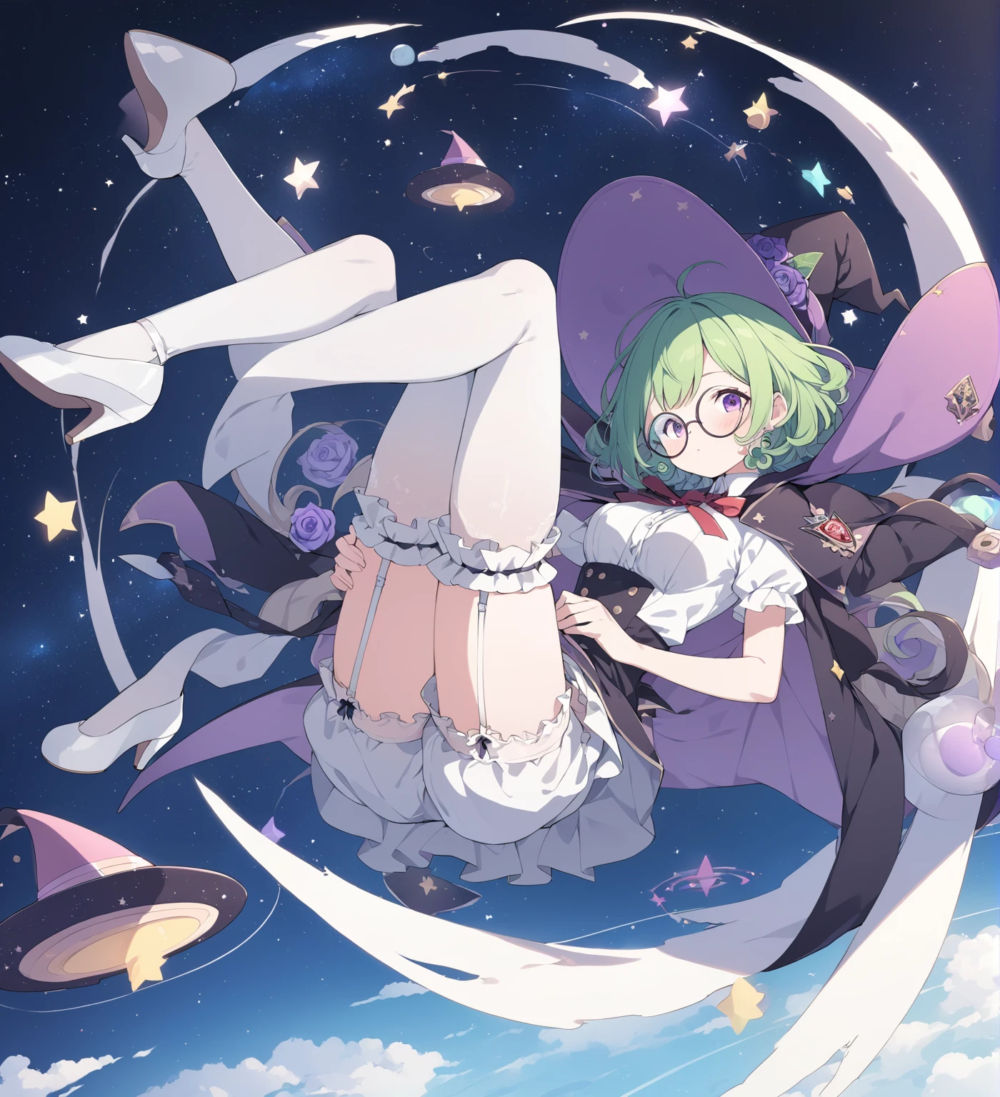 BREAK Perfect Anatomy、(High resolution:1.2)、Incredible illustrations、(Cute illustrations:1.2)、 （Beautiful background,starry skies), 1girl(A large witch's hat with a wide frill and a purple rose decoration, a robe with the Duke's coat of arms on the sleeve, a cream-colored blouse, a winered ribbon tie,  garter skirt, bloomers,garter stockings, and pumps. )(Curly short cut, green hair, large round glasses)　(Zero gravity,Weightless, floating in the air holding my knees)