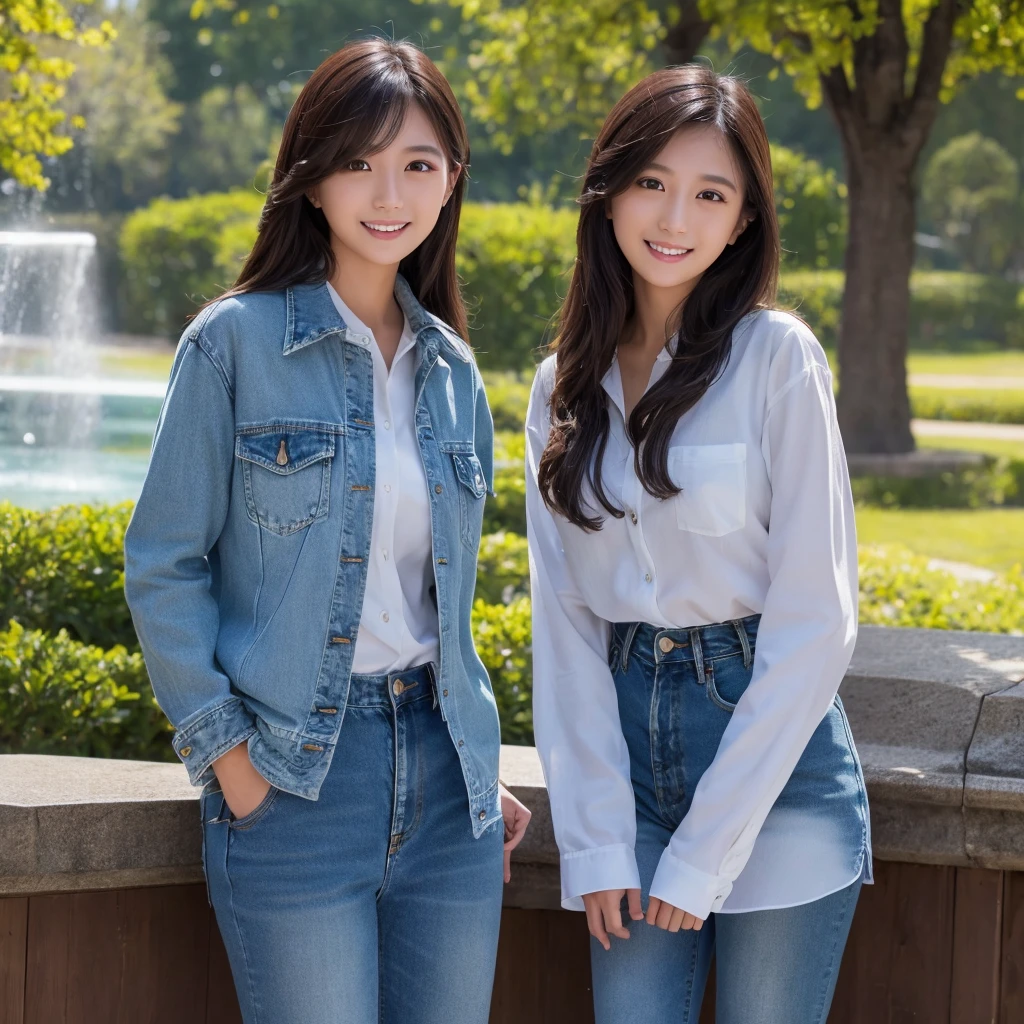 HD detailed, Super detailed, Realistic,Hyperrealism,Best image quality、Highest quality、masterpiece、Ultra-high resolution、Like the picture:1.5、Professional Lighting、One Girl、18-year-old,Japanese women,Long sleeve、Button up your collar、Wearing a denim shirt and wet jeans、A kind smile、Show the whole body、Park fountain、