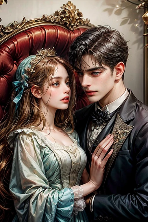masterpiece, (((best quality))), ((((detailing)))), ((man and woman)), (Ria and Fabian), (couple), (funeral), ((victorian clothes)), (light background), (((detailed face))), (they look at each other),
