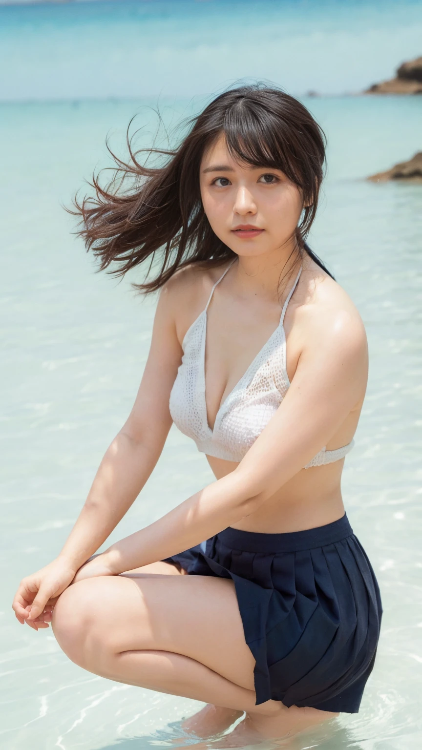 (((Top-down configuration:1.33)))、((No underwear:1.55))、One Girl、Beautiful and detailed eyes and face、barefoot、20 year old cute Japan woman, ((Extremely precise and accurate anatomy:1.0)), (photo Realistic:1.4), (hyper Realistic:1.4), (最高品質のRealisticな肌の質感:1.4), (Improvement of quality:1.4), (Enhances the beauty of skin texture:1.1), Clean and glowing skin, mesh, thin:1.2, (Realistic:1.3), Realisticなライティング, (Smoother lighting:1.05), (Improving the quality of cinema lighting:0.9), Backlight, A gentle light on your face, Ray Tracing, (Bright light:1.2), 32k, One Japanese woman, fine grain, Detailed face, (Film Grain:1.1),(Accentuates body lines:1.1), High resolution, Natural look, Kind eyes, Improves hair quality, Delicate light and shadow, Transparent muscles, Graceful pose, Beautiful Eyes, Sharp details, Soft light reflection, Beautiful contours, Delicate skin tone, Fine hair texture, Natural background, (((sunny day、Beach、A strong wind is blowing、Her hair and skirt are flying、Squat, Traditional navy blue sailor uniform、Open shirt、Pleated skirt、Scooping seawater with hands:1.25、splash、Sandy Beach、Light of the sun、clear blue sea、The waves crash quietly、Blue sky and white clouds、green mountain々、Beautiful Nature、The joys of youth)))、