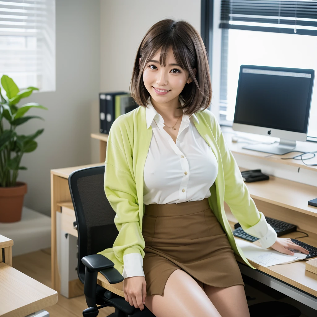 Highest quality,a girl, one girl,solo focus,raw photo,Very detailed,bloom,4K,8K,Realistic,sitting,crossed legs,Japanese women,一人のJapanese women,28 years old,Clear,,Beautiful eyes,short brown hair,smile,smile,teeth,Large Breasts,Big Ass,,one girl,Office Style,White shirt,Yellow-green tight skirt,Inside the office,one girl