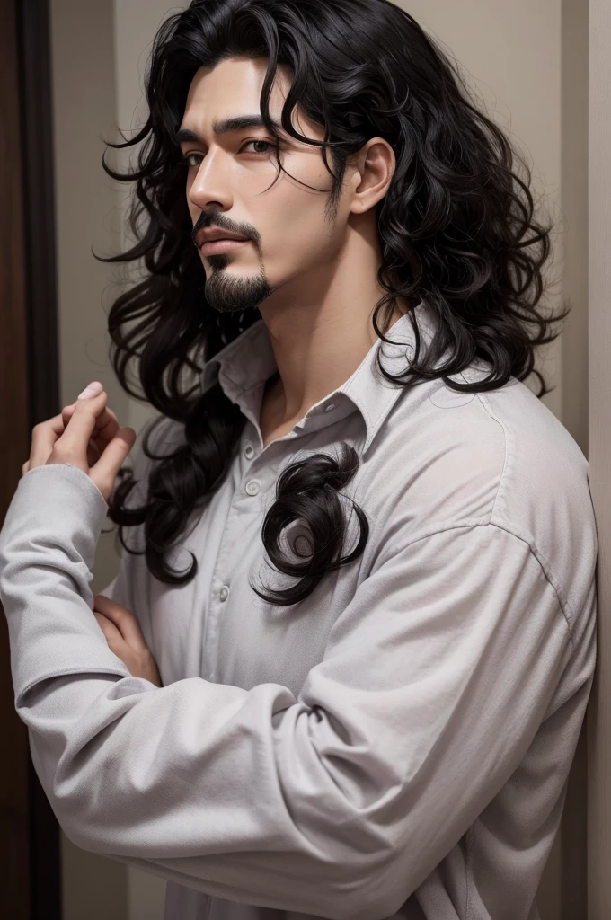 Make a tall man black hair goatee and curly hair