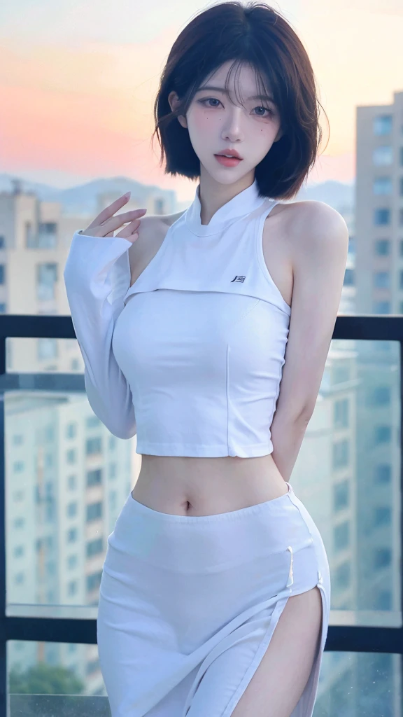 Beautiful woman with perfect body:1.4，ultra high resolution，seductive laughter，wear glasses，White背景，（lifelike：1.4），layered hairstyle，White皮肤，Super short pleated skirt，whole body，Very delicate face and skin texture，double eyelid，Skin Whitening，long hair，White hair，White，