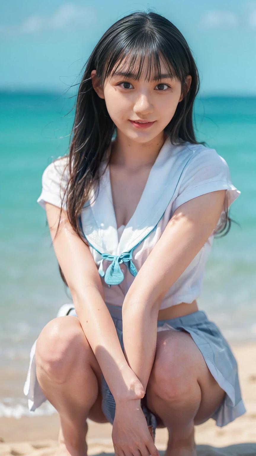 (((Top-down configuration:1.33)))、((No underwear:1.55))、One Girl、Beautiful and detailed eyes and face、barefoot、20 year old cute Japan woman, ((Extremely precise and accurate anatomy:1.0)), (photo Realistic:1.4), (hyper Realistic:1.4), (最高品質のRealisticな肌の質感:1.4), (Improvement of quality:1.4), (Enhances the beauty of skin texture:1.1), Clean and glowing skin, mesh, thin:1.2, (Realistic:1.3), Realisticなライティング, (Smoother lighting:1.05), (Improving the quality of cinema lighting:0.9), Backlight, A gentle light on your face, Ray Tracing, (Bright light:1.2), 32k, One Japanese woman, fine grain, Detailed face, (Film Grain:1.1),(Accentuates body lines:1.1), High resolution, Natural look, Kind eyes, Improves hair quality, Delicate light and shadow, Transparent muscles, Graceful pose, Beautiful Eyes, Sharp details, Soft light reflection, Beautiful contours, Delicate skin tone, Fine hair texture, Natural background, (((sunny day、Beach、A strong wind is blowing、Her hair and skirt are flying、Squat, Traditional navy blue sailor uniform、Open shirt、Pleated skirt、Scooping seawater with hands:1.25、splash、Sandy Beach、Light of the sun、clear blue sea、The waves crash quietly、Blue sky and white clouds、green mountain々、Beautiful Nature、The joys of youth)))、