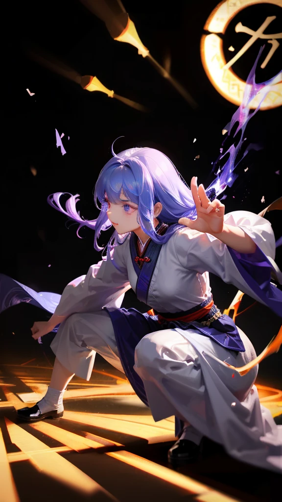 a handsome chinese girl, Sharp eyes, clear facial features, Wearing Hanfu, Fighting Stance, martial arts moves, The body is surrounded by purple mist, Runes around, Holographic Reality, Holographic Aura, Motion blur, Game lighting effects, Edge light, Soft Light, movie Edge light, delicate light, masterpiece, Super detailed, epic work, Ultra HD, high quality, best quality, 32k